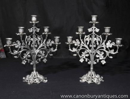 Pair English Art Nouveau Silver Plate Candelabras Candles 