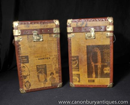 Pair English Newsprint Luggage Boxes Trunk Side Tables Coffee 