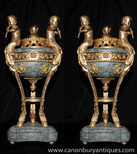 Pair French Empire Marble Cherub Bowls on Stands Urns Ormolu 