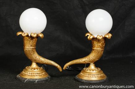 Pair French Empire Ormolu Cornucopia Lamps Horn of Plenty