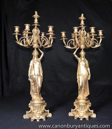 Pair French Empire Ormolu Figurine Candelabras Candles 