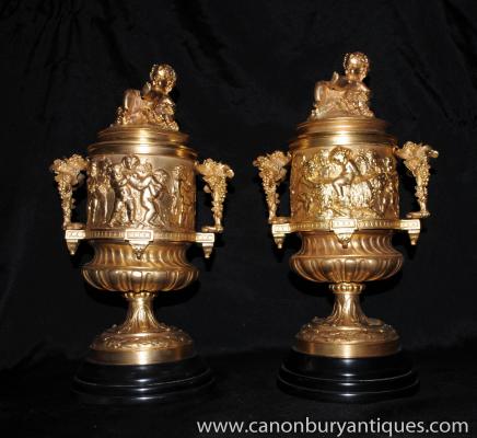 Pair French Empire Ormolu Tankards Tureens Jugs Cherub Frieze 