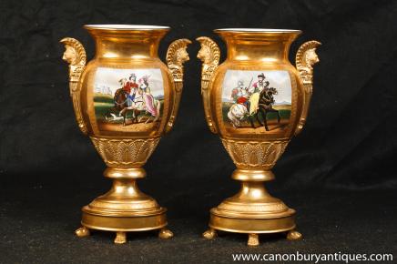 Pair French Sevres Porcelain Gold Vases Urns Classic Military 