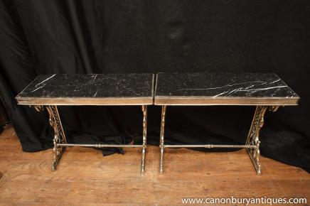 Pair French Silver Plate Art Nouveau Console Tables Marble Topped