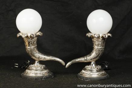 Pair French Silver Plate Horn Cornucopia Lamps Table Lights 
