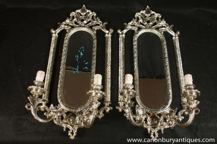 Pair French Silver Plate Mirror Girandoles Candelabra Mirror 