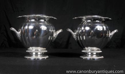 Pair Georgian Silver Plate Champagne Buckets Wine Coolers Urns