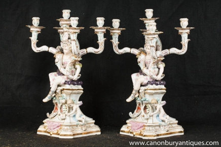Pair German Meissen Porcelain Candelabras Cherubim Maiden Candles 
