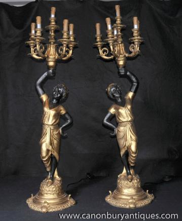 Pair Italian Blackamoor Candelabras Figurines Carved Statues Moors 
