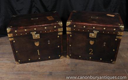 Pair Leather Luggage Trunks Side Coffee Tables Brass Fixtures