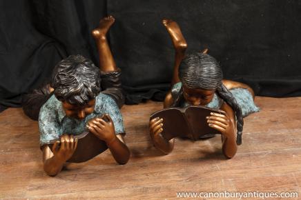 Pair Lifesize Bronze Children Reading Boy Girl Statues Art 