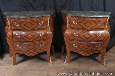 Pair Louis XV Bombe Commodes Chest Drawers Parquetry 
