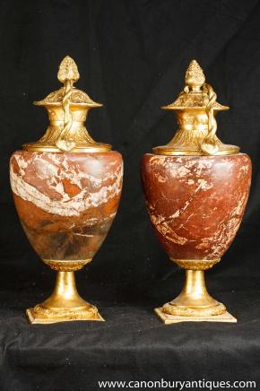 Pair Louis XV Marble Ormolu Urns Vases Amphora 