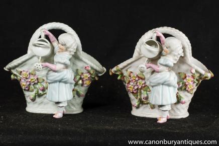 Pair Meissen Porcelain Figurine Basket Vase Encrusted Floral Urn 
