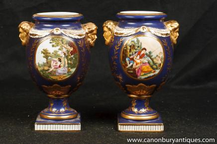 Pair Meissen Porcelain Plato Vases Urns German Pottery 