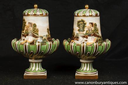 Pair Meissen Porcelain Urns Lidded Crown Jars Vases 