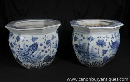 Pair Nanking Pottery Planters Bowls Chinese Blue White Porcelain 