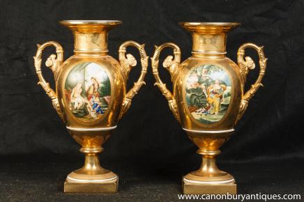Pair Sevres Porcelain Floral Vases Urns 