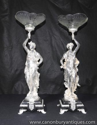 Pair Silver Plated Gregoire Figurines Comports Plate Statues 