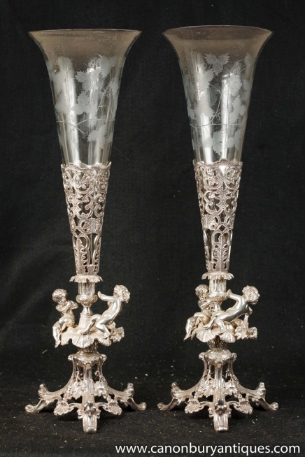 Pair Victorian Silver Plate Cherub Rose Vases Vase