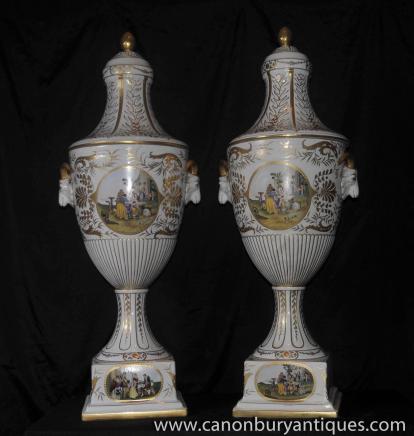 Pair XL German Dresden Porcelain Vases Urns Rams Head 