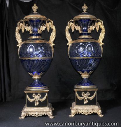 Pair XL Louis XV Cut Glass Lidded Urns Vases Ormolu Fixtures 