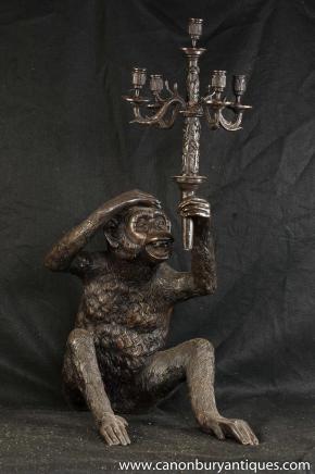 Quirky Bronze Monkey Candelabra Statue Candle Ape Primate Casting