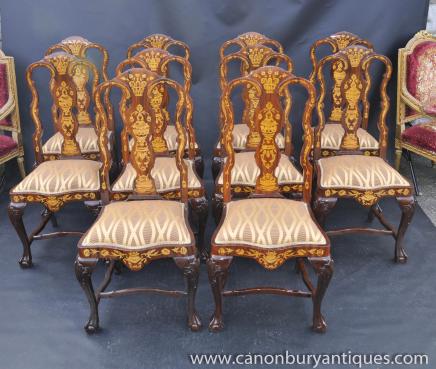 Set 10 Queen Anne Marquetry Inlay Dining Chairs Diners 