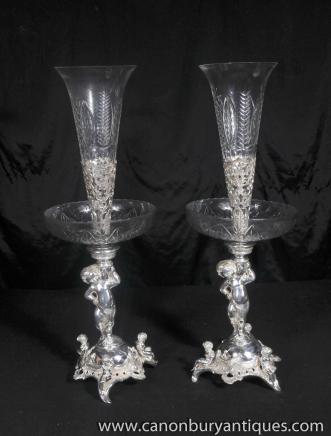 Sheffield Silver Plate Cherub Rose Vases Epergne Silverplate