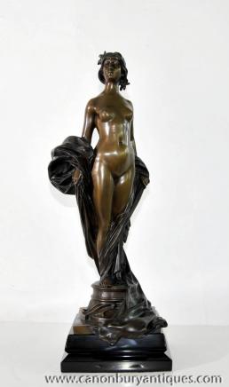 Signed French Art Nouveau Bronze Nude Female Figurine Statue 