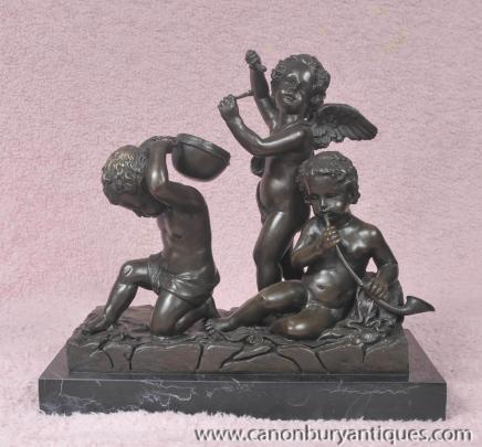 Trio French Bronze Cherubs Musical Instruments Putti Cherubim Statue