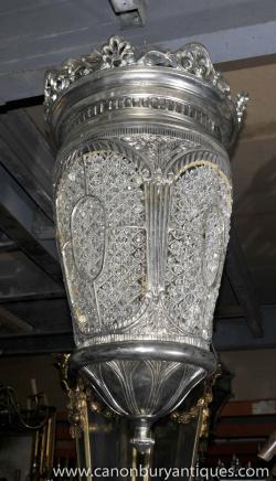 Victorian Silver Plate Lantern Light Chandelier Crystal Glass 
