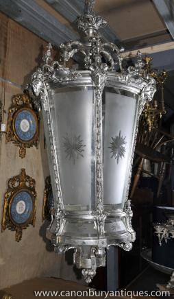 XL French Empire Silver Plate Lantern Light Architetural Chandelier 