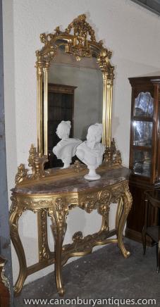 French Empire Gilt Console Table and Mirror Set Demi Lune Tables 