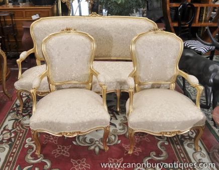 French Louis XV Gilt Seat Sofa Suite Set Arm Chair Fauteil Love 