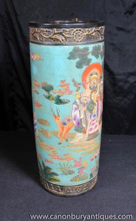 Japanese Famille Jaune Porcelain Umbrella Stand Pottery Vase 