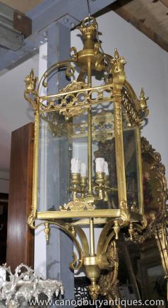 Large French Empire Brass Lantern Chandelier Light 