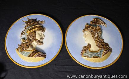 Pair Antique Norse Viking Plates Plaques Porcelain Siegfried Brunhilde 