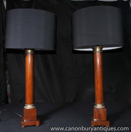Pair Antique Regency Column Table Lamps Lights 
