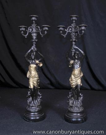 Pair Art Nouveau Bronze Candelabras Male Female Figurines Torcheres 