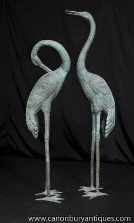 Pair Bronze Japanese Cranes Tall Birds Stork Garden Art 