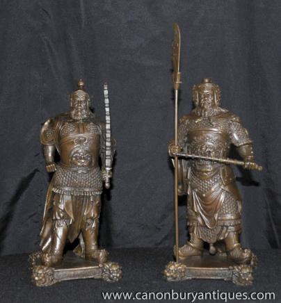 Pair Bronze Japanese Samurai Warrior Statues Military Art