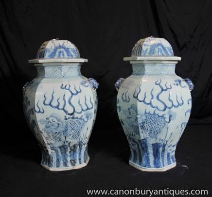 Pair Chinese Blue White Porcelain Urns Ginger Jars Nanking