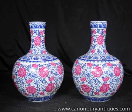 Pair Chinese Famille Rose Porcelain Urns Vases Baluster Form 