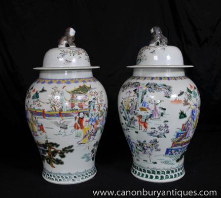 Pair Chinese Qianlong Ginger Urns Vases Jars Qing Pottery Porcelain 