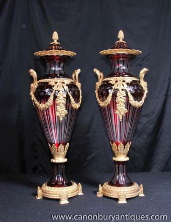 Pair Classic Empire Cut Glass Amphora Urns Vases Ormolu 