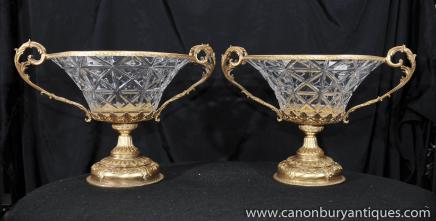 Pair Crystal Glass French Empire Urns Comports Ormolu 