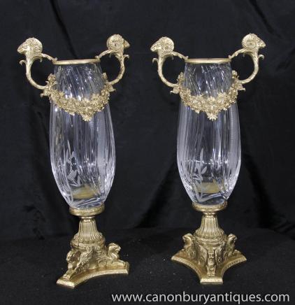 Pair Empire Cut Glass Ormolu Vases Urns 