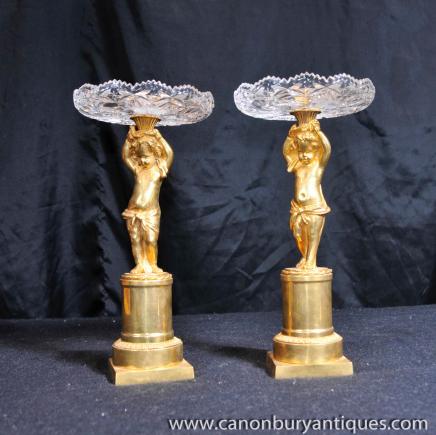 Pair Empire Ormolu Cherub Comports Glass Tureens Urns Stands 