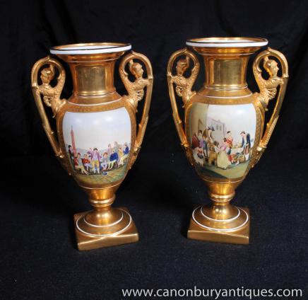 Pair French Limoges Porcelain Vases Urns Amphora Urn 